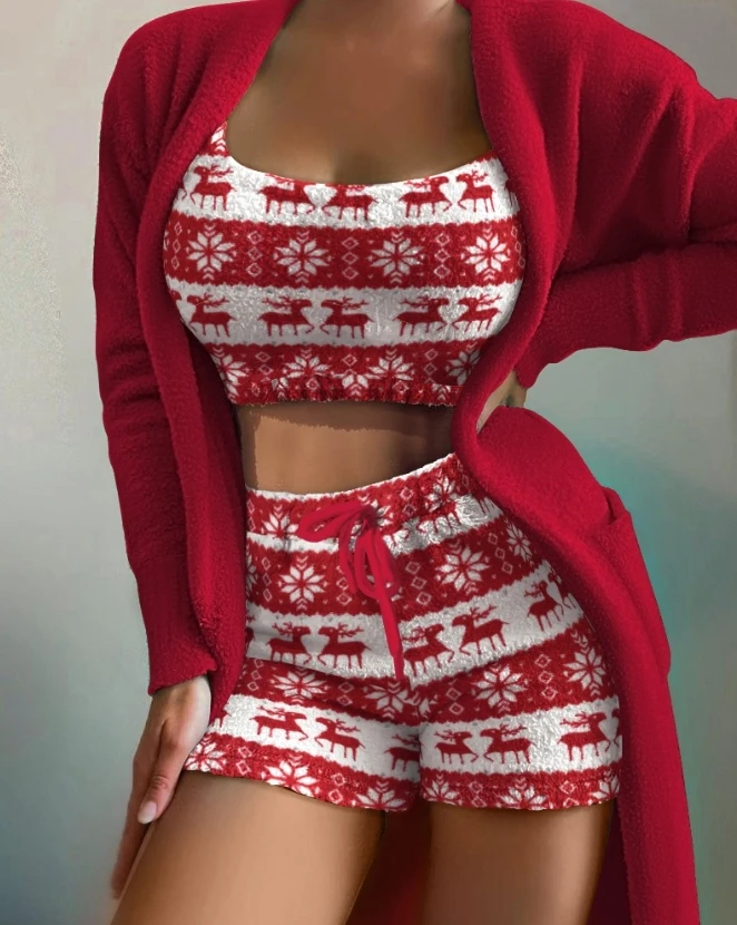 

3Pcs Christmas Fair Isle Pattern Print Fluffy Cami Set with Cardigan 2023 New Christmas Sexy Slim Mini Above Knee Shorts Suit