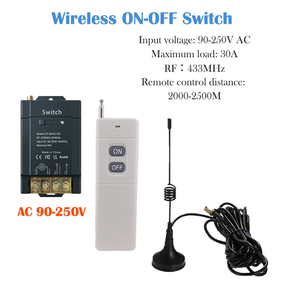 

COLOROCK Wireless Switch RF433MHz Remote Control 2000-2500M 30A 90-250V AC Large Load Wide Voltage Multi-purpose