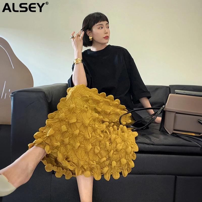

ALSEY Miyake Women Fashion Straight Skirt 2024 New Design Sense Three-dimensional Shape Unique Yellow Durian Retro Pleated Skirt