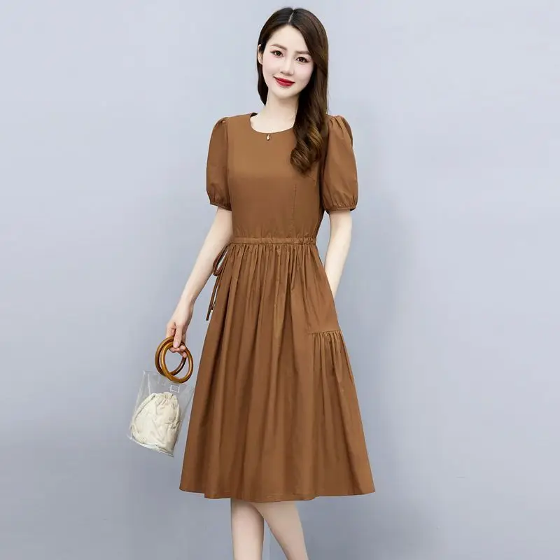 

Elegant O-Neck Pockets Shirring Bandage Puff Sleeve Midi Dress Women's Clothing 2024 Summer New Loose Office Lady Ladies Dresses