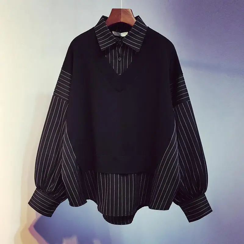 

2022 Autumn Stitching False Two-Piece Shirt Female Korean Loose Sweatshirt Figure Fluttering Shirt Tops