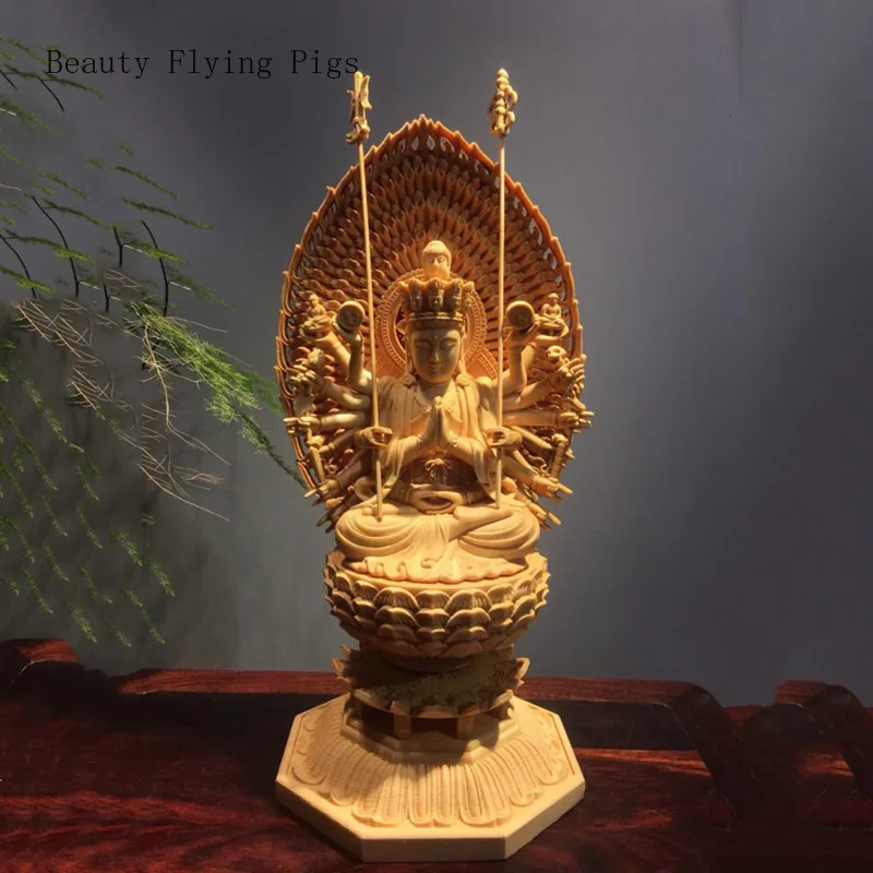 

Wooden Thousand Handed Guanyin Sitting Lotus Buddha Carvings Woodcarving handicrafts home decoration Sacrificial supplies