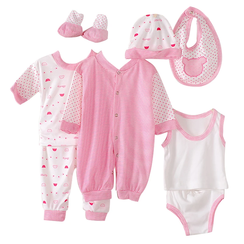 

8Piece Spring Newborn Boy Clothes Girls Outfit Sets Korean Cartoon Cute Stripe Dot Long Sleeve Cotton Jumpsuit Baby Stuff BC1002