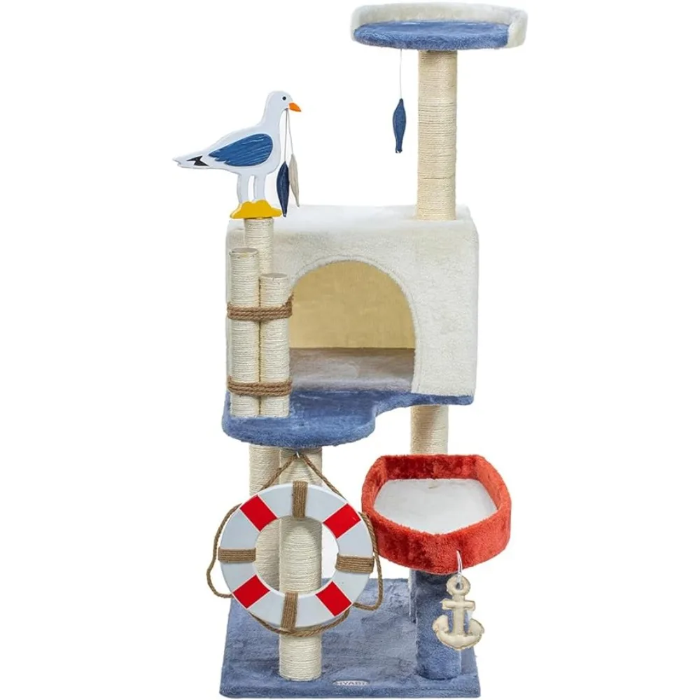 

46.8in Sea Boat Buoy Novelty Seagull Cat Tree Tower Condo Furniture Apartment Plush Habitat Kitten Amusement Platform