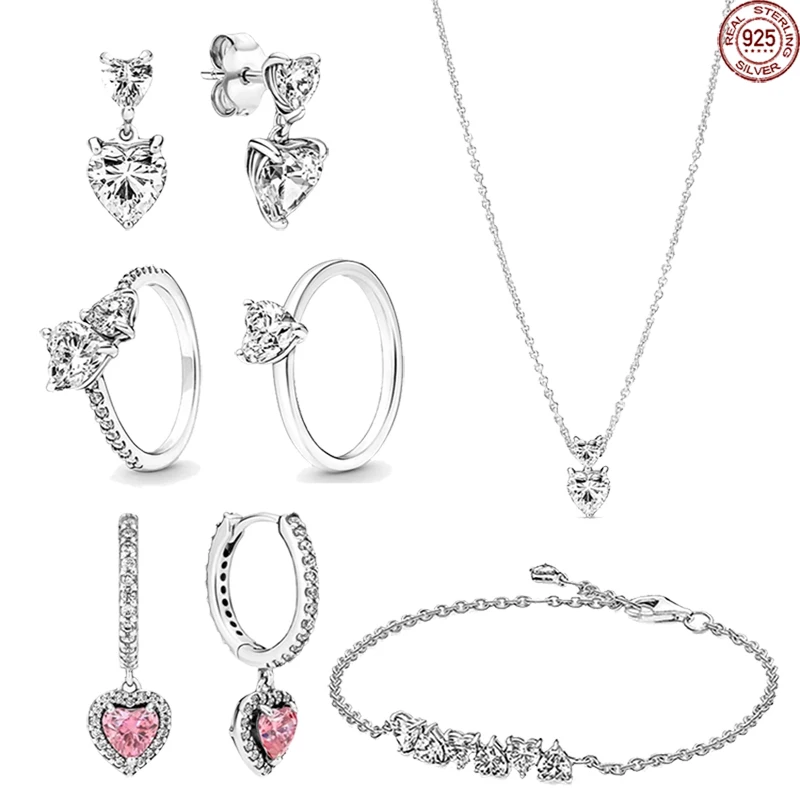 

New 925 Sterling Silver Classic Shiny Heart Series Set Necklace Bracelet Earrings Charming Women's Jewelry Gifts for Friends