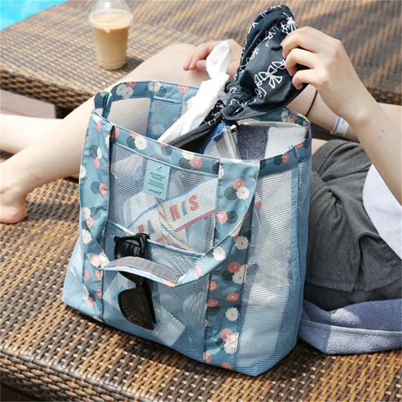 

1PC Beach Bag Extra Large Lightweight Mesh Tote Bag Portable Foldable Carry Tote Bag With Many Pockets Beach Large Capacity Bag