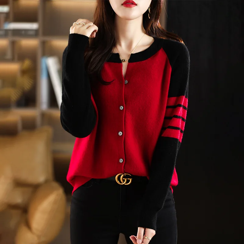 

Autumn and Winter Women's Cardigan Round Neck Single Breasted Contrast Stripe Colored Long Sleeve Knit Sweater Fashion Coat Tops