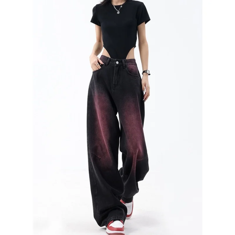 

Black High Waist Women Jeans Graffiti American Fashion Trend Wide Leg Jean Y2K Style Female Trouser Straight Baggy Denim Pants