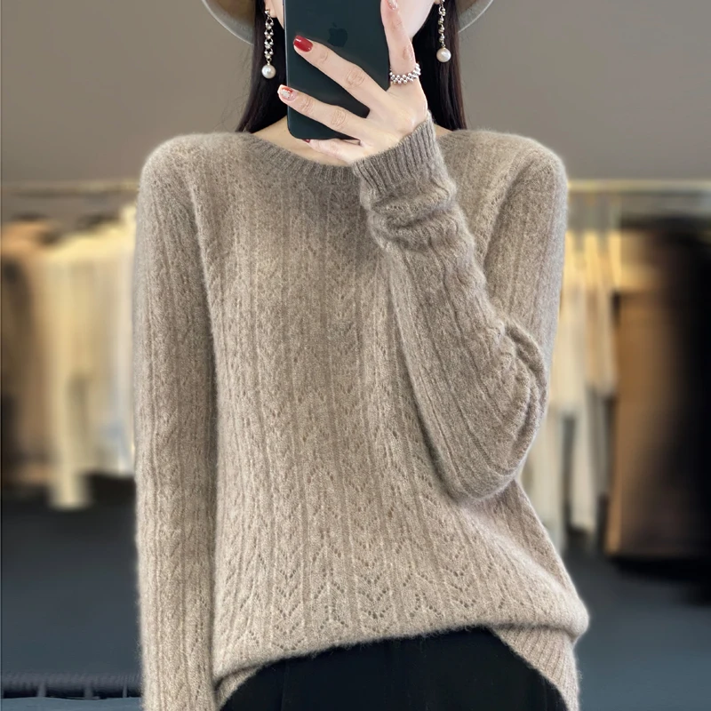 

100% merino wool seamless cashmere sweater ladies O-neck pullover autumn and winter new knitted ground twisted wool sweater