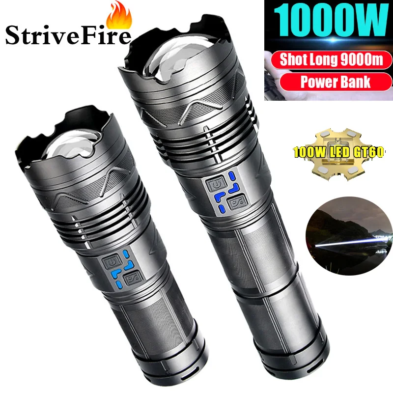 

Powerful LED Flashlight Super Bright Spotlight Power Display Long Range Zoomable Torch Outdoor Emergency Tactical Search Lantern