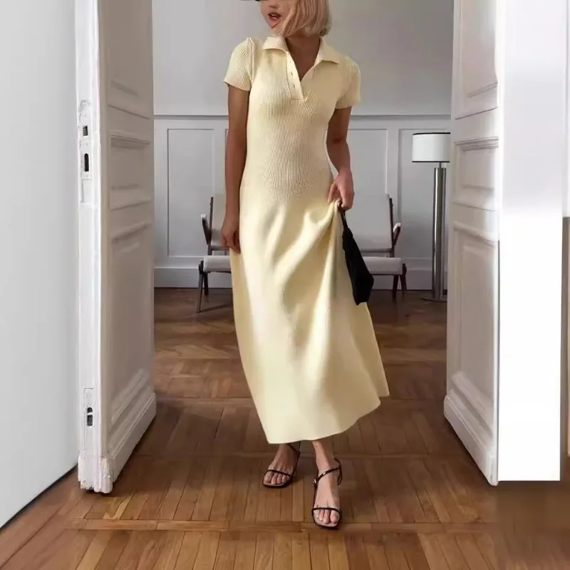 2024 Summer Solid Knitted Ribbed Slim Casual Long Dress Women Turn Down Collar Short Sleeve Fashion Street Commute Elegant Robe
2024 Summer Solid Knitted Ribbed Slim Casual Long Dress Women Turn Down Collar Short Sleeve Fashion Street Commute Elegant Robe