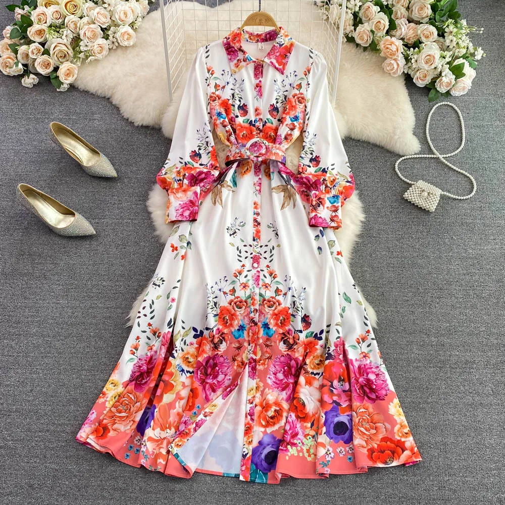 Spring and Autumn Vintage Temperament Lapel Lantern Sleeves Dress Printed Single-breasted Split High Waist Vacation Long Dresses
Spring and Autumn Vintage Temperament Lapel Lantern Sleeves Dress Printed Single-breasted Split High Waist Vacation Long Dresses