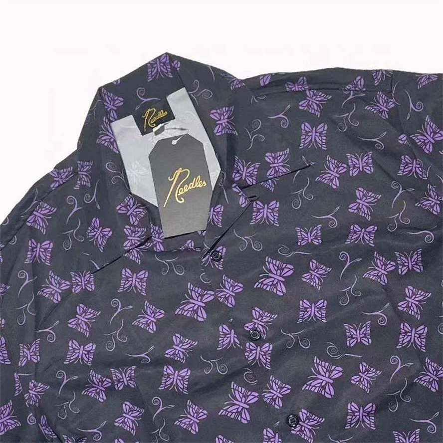

23SS New Fasion Needles Allover Logo Shirt Men Women Full Purple Butterfly Needles Shirts Hawaiian Short Sleeve Streetwear