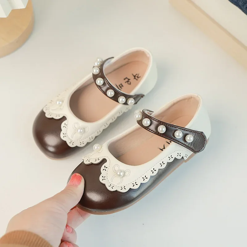 

Sweet Kids Leather Shoe Spring Autumn Children Girls Pearl Flats Fashion Ruffled Edge Princess Shallow Chic Mary Jane Shoes New