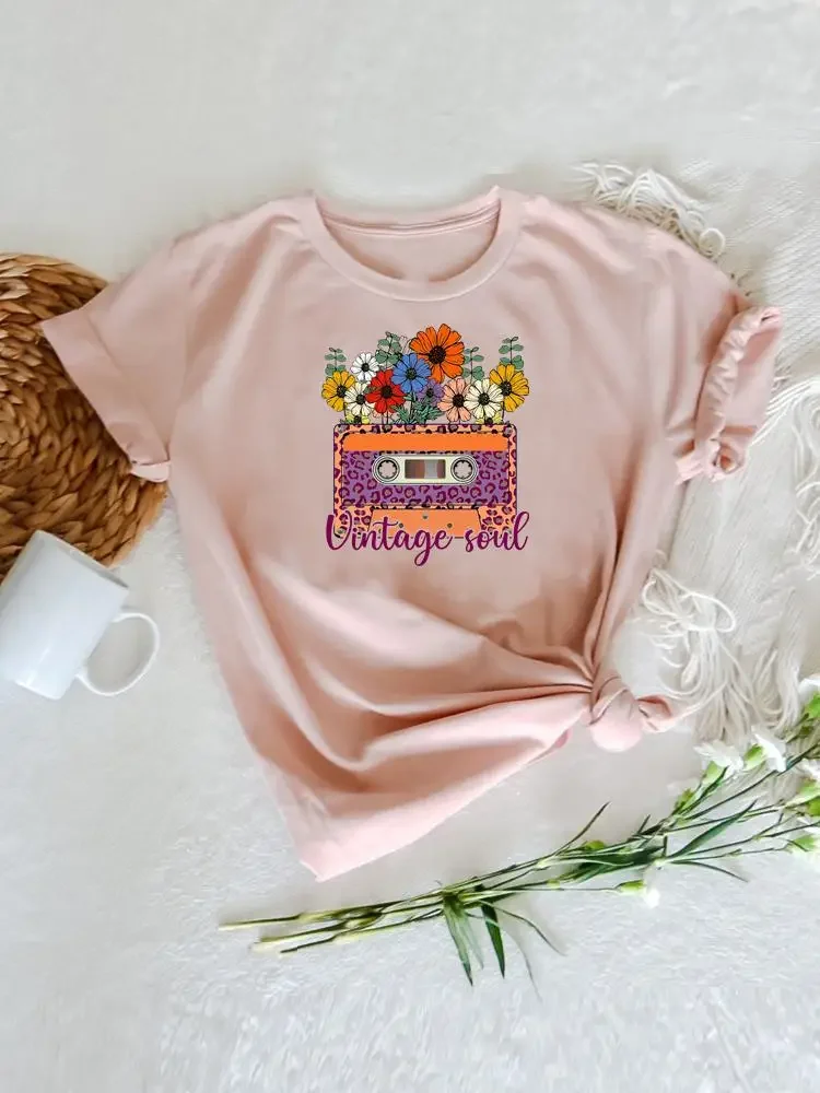 Футболка женская хлопковая с коротким рукавом, модная рубашка с мультяшным леопардовым принтом и цветочным принтом, топ с графическим принтом, в стиле 90-х