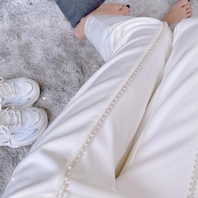 

White Pants Spring 2022 Korean Fashion Trousers Women High Waist Wide Leg Pantalon Beading Loose Casual Pantalones De Mujer