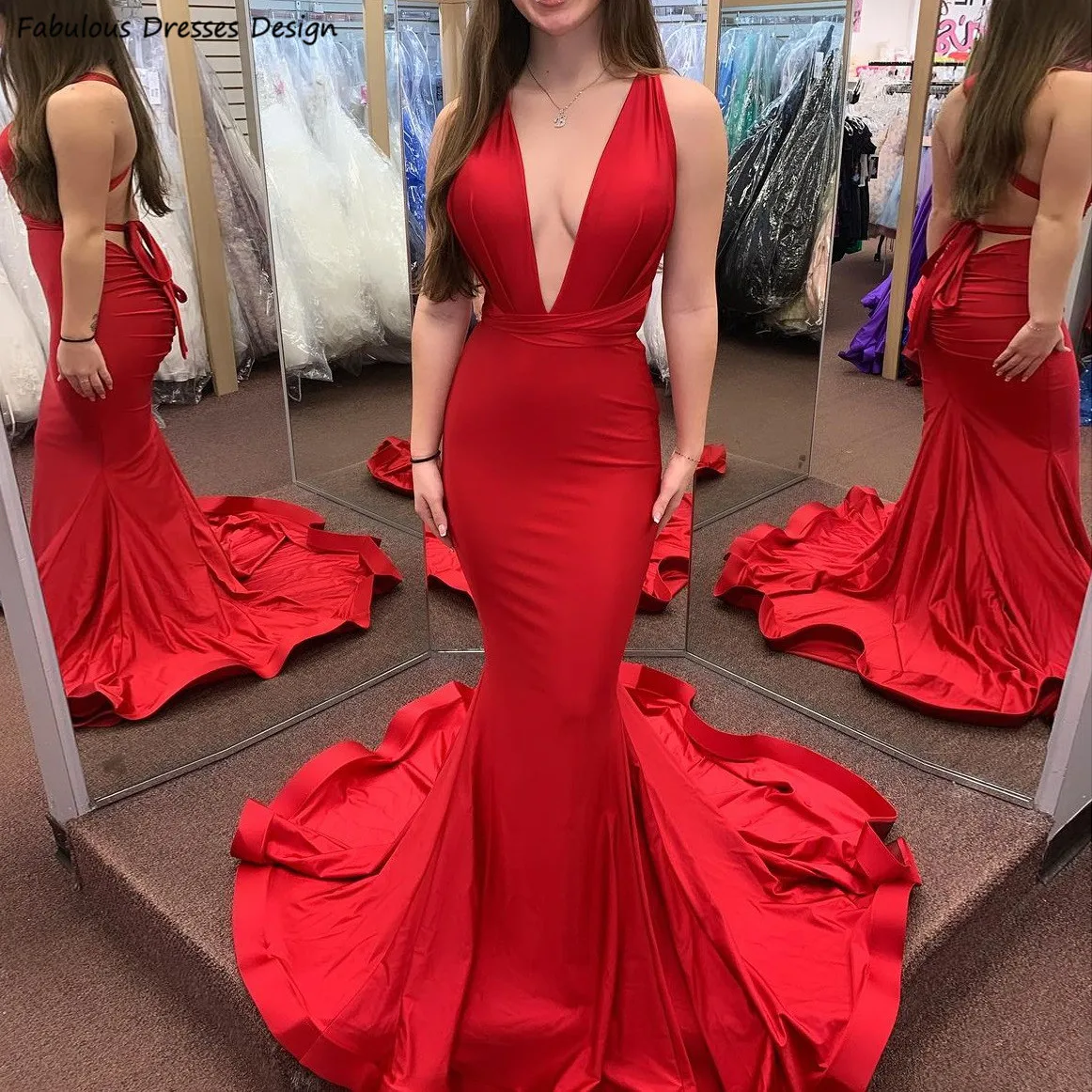 

Red Long Mermaid Bridesmaid Dresses Deep V-neck Criss-cross Backless Pleat Wedding Guest Party Dress Formal Occasions Gown