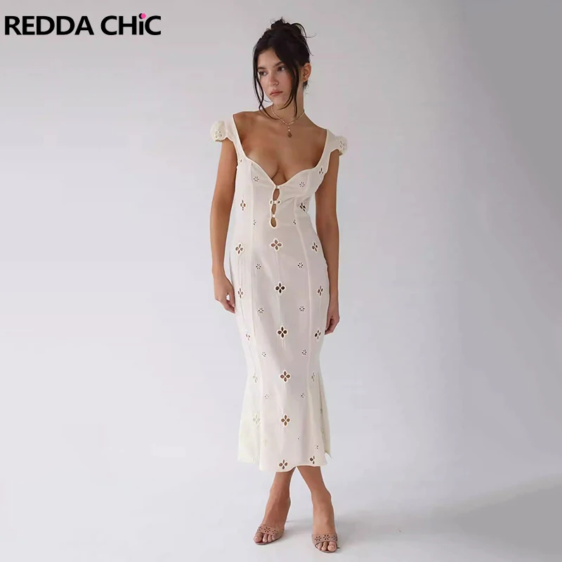 

ReddaChic Elegant V-Neck Hollow Out Long Dress Women Embroidery Floral Plain Casual Slit Side One-piece Dress Summer Beachwear