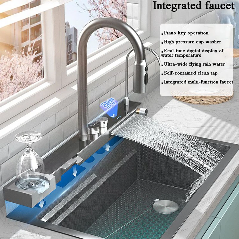 

Nano 304 Stainless Steel Kitchen Sink Flying Rain Integrated Waterfall Faucet Large Single Tank Vegetable Wash Basin Cup Washer