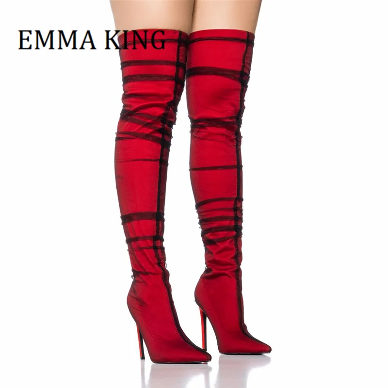 

Women Red Tulle Covered Boots Sexy Pointy Toe Stiletto Heeled Over The Knee Boots Fashion Pull-on Style Slouchy Stretch Boots