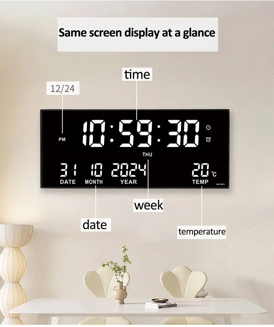 Digital Wall Clock Alarm Temperature Date Calendar Display 8 Sets Of Alarm Clocks 14'' Electronic Led Clock Plug In Use 3