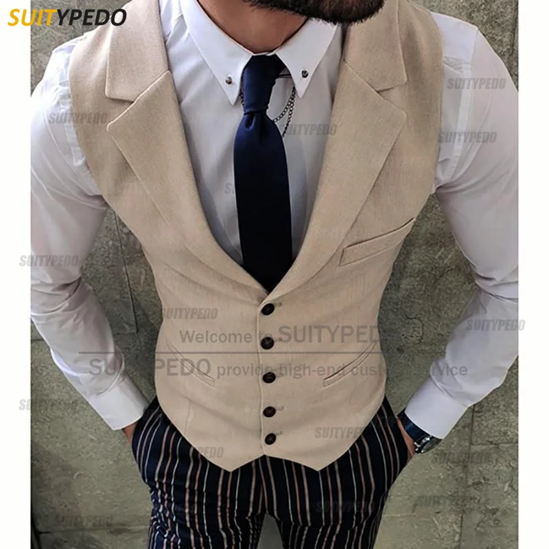 

Fashion Khaki Men's Suit Vests Wedding Sleeveless Jacket with Lapel Tailor-made Slim fit Groomsmen Groom Business Waistcoat 1Pcs