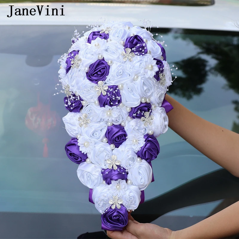 

JaneVini Luxury Pearls Bride Holding Flower Waterfall Water Drops Wedding Bouquet for Bridesmaid Cascading White Purple Bouquets