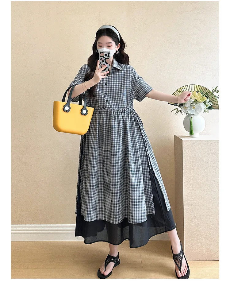 Summer Maternity Dress: Fashionable Checkered Fake Two-Piece Shirt Dress - Stylish & Comfortable Pregnancy Wear for Trendy Moms 9 S6fbfd73c5cdb4cd6835df332d138c355S