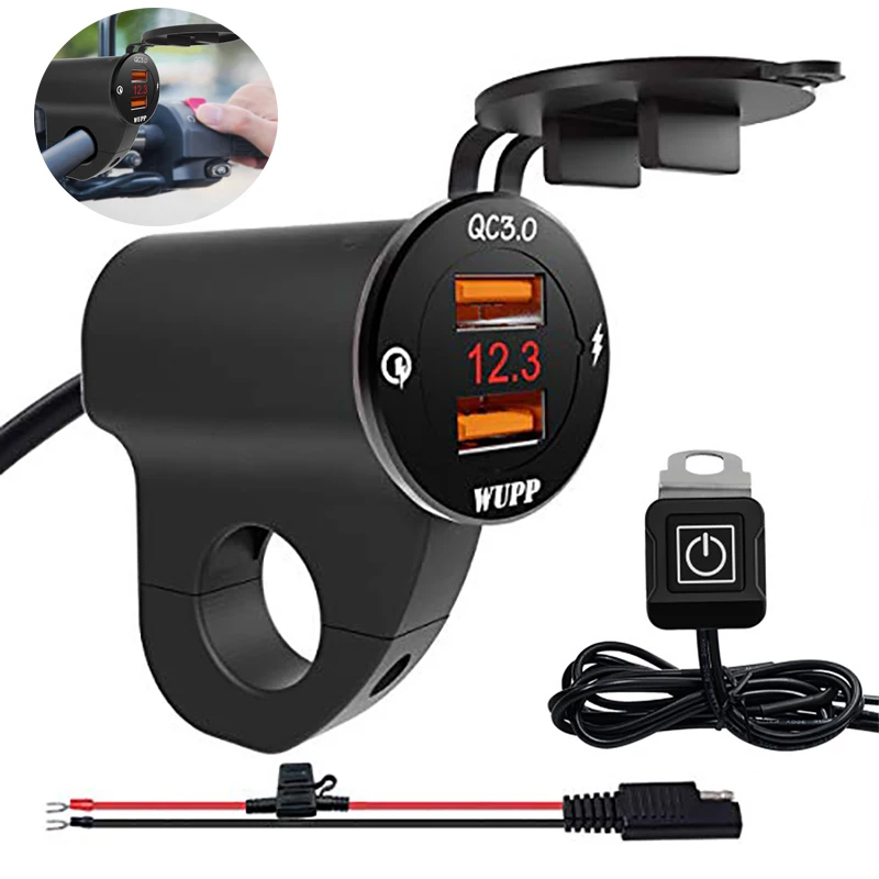 

12V Motorcycle QC3.0 Dual USB Charger Ports Waterproof Power Adapter with Digital Voltmeter Quick Charger for Phone Tablets GPS