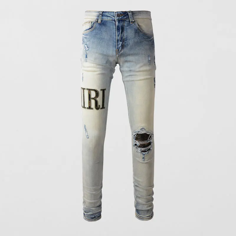 

High Street Fashion Men Jeans Retro Washed Blue Stretch Skinny Ripped Jeans Men Camo Leather Patch Designer Hip Hop Brand Pants