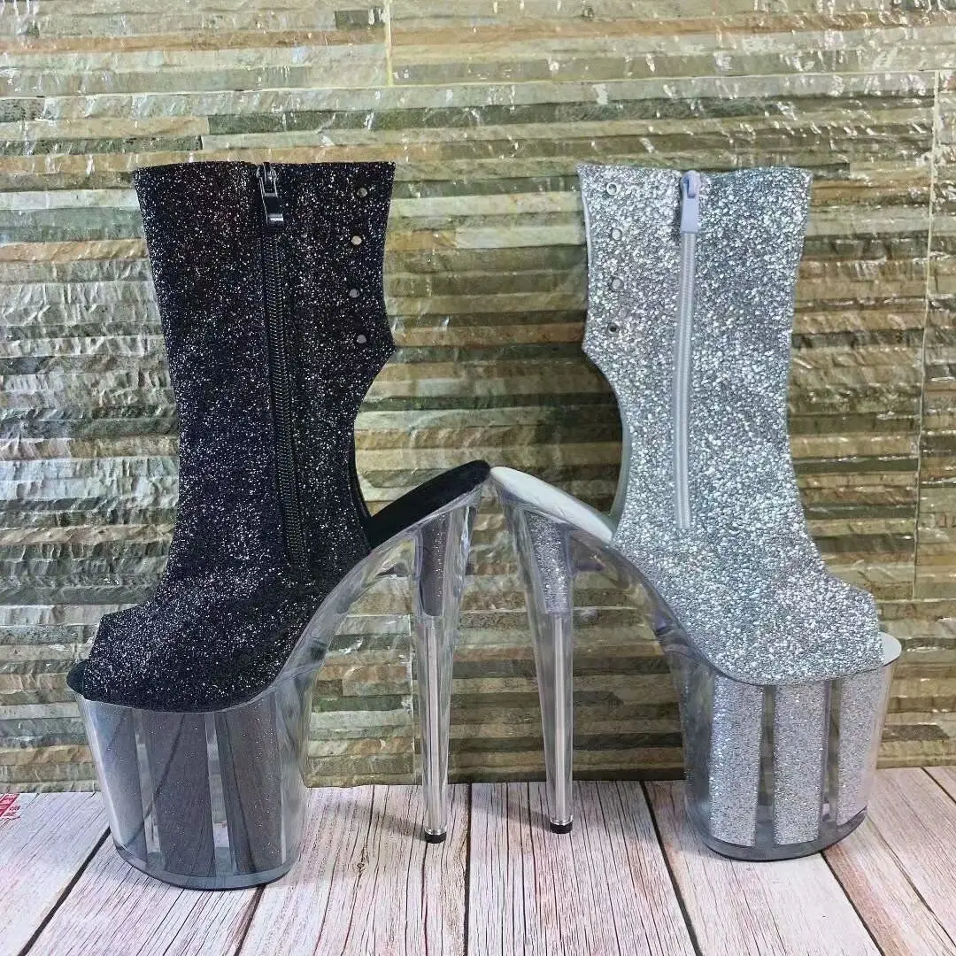 

Transparent soles 20cm stiletto, 8 inch model boots for the night club show, fish mouth zip openings, sequined vamp,dance shoes