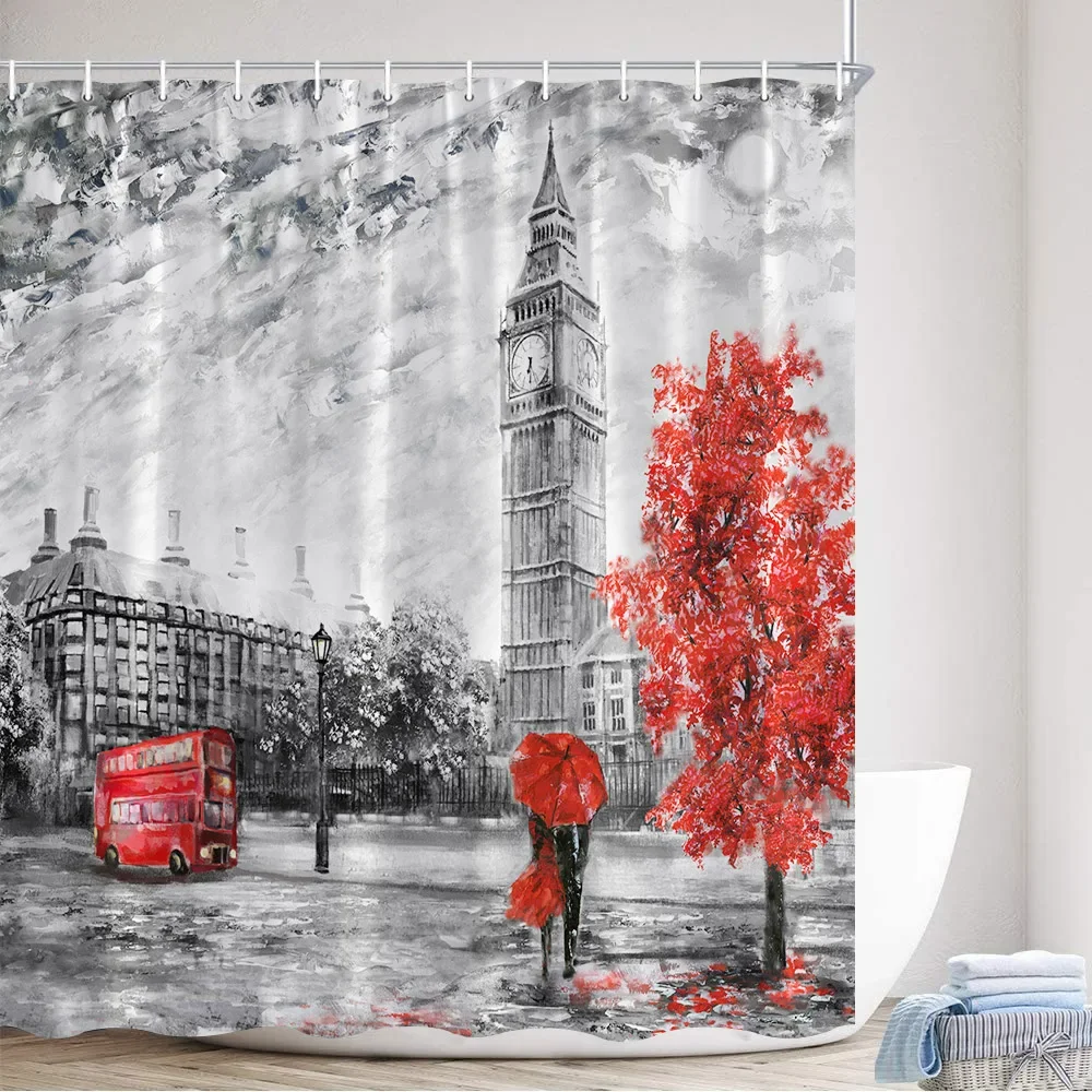 

Vintage London City Scenery Shower Curtain Red Bus Tree Big Ben Romantic Lovers Oil Painting Art Fabric Bathroom Decor Curtains