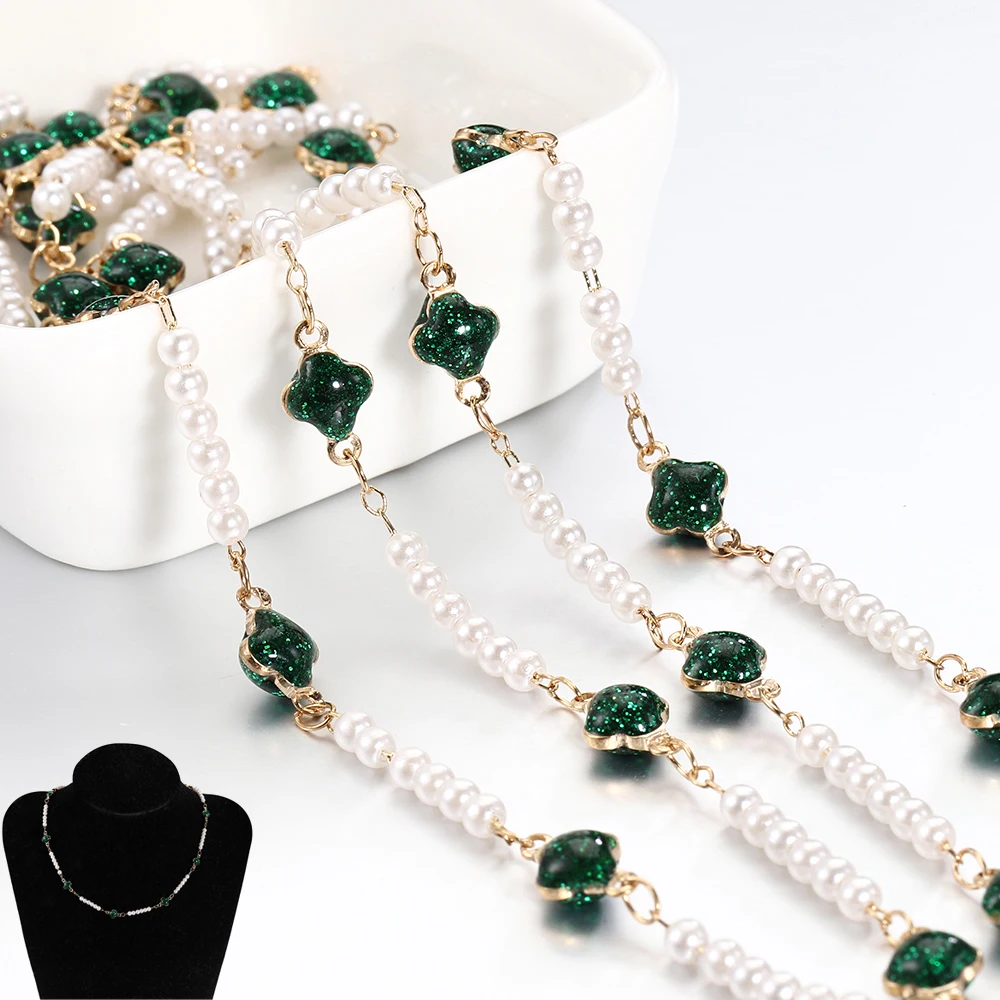 

1meter French Imitation Pearl Chain Green Crystal Flower Beads Link Chains for Jewelry Making DIY Necklace Bracelet Accessories