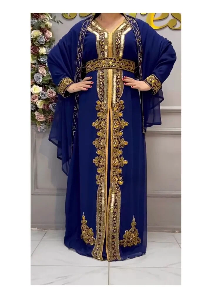 

Blue Royal Moroccan Kaftan Arabic Party Wear Abaya Handmade Beaded Long Gown Dress European and American Fashion Trends
