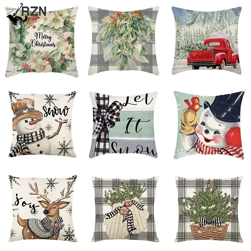 

40/45/50cm Christmas Cotton Linen Decorative Navidad Elk Snowman Santa Tree Cushion Cover Sofa Pillow Case