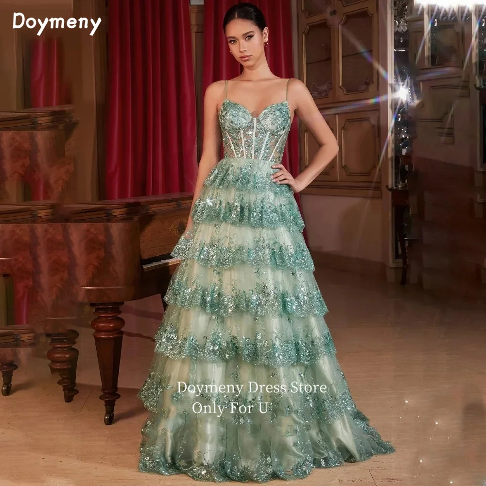 

Doymeny Tiered Sequined Appliques A-line Prom Dresses Spaghetti Straps Sleeveless Formal Evening Dresses vestidos de fiesta