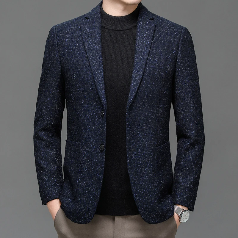 

2024 Classical Men Navy Blue Tweed Wool Blazers Sheep Woolen Suit Jackets Gentlemen Fashion Outfits for Business and Casual Wear