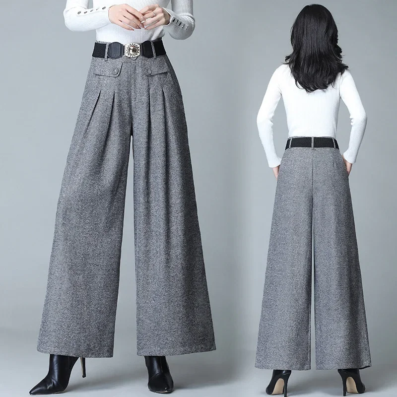 

Осенне-зимние шерстяные брюки-кюлоты, элегантные широкие брюки с высокой талией, Женские Мешковатые модные брюки в Корейском стиле