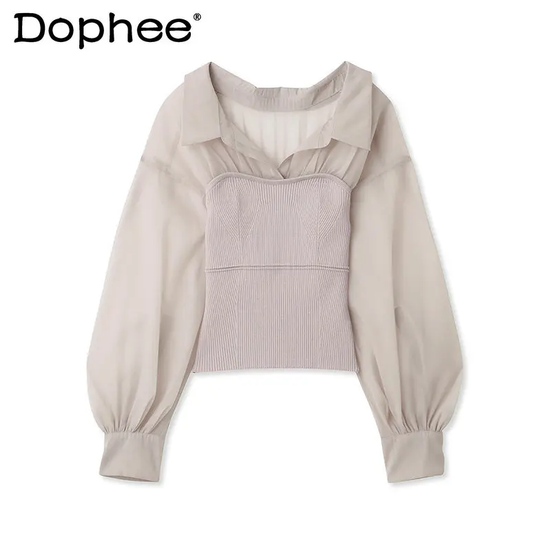 2023 Summer Top Blouse Women's Clothing Sweet Lady Tulle Lantern Sleeve Waist Trimming Knitted Shirt Pullovers Blusas De Mujer 
2023 Summer Top Blouse Women's Clothing Sweet Lady Tulle Lantern Sleeve Waist Trimming Knitted Shirt Pullovers Blusas De Mujer