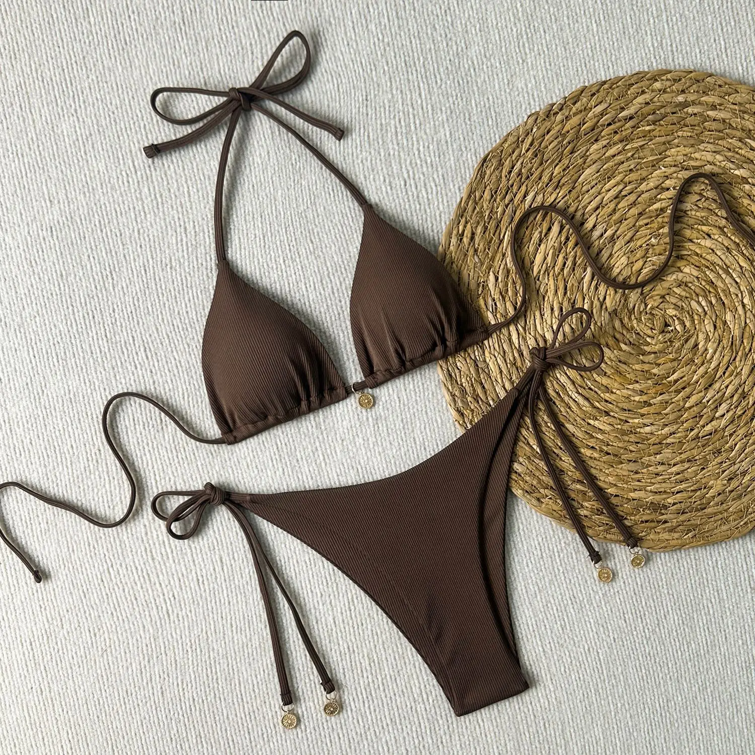 Cute Halter Bikini Women Solid Color Coffee Two Piece Set Sexy Split