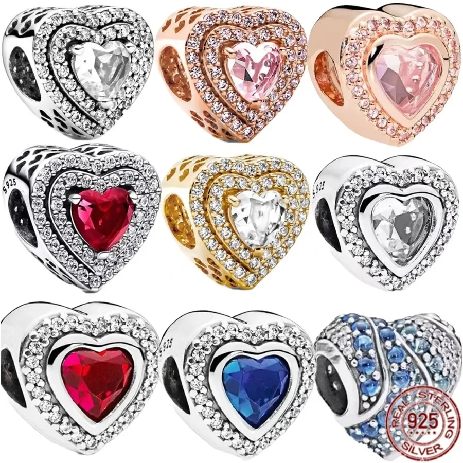

Heart-Shaped Diamond Inlay 925 Sterling Silver Fit Original Bracelet Gemstone Rose Gold Plated Charm Bead DIY Jewelry