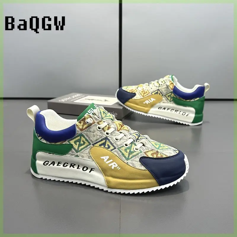 

Men Sneakers Casual Fashion Color Block Microfiber Leather Mesh Breathable Increased Internal Cover Bottom Platform Board Shoes