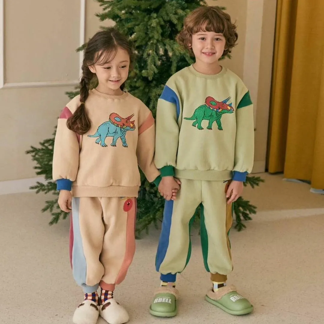 

2024 Spring Autumn Toddler Girl 2PCS Clothing Set Cotton Cartoon Dinosaur Sweatshirt Set Spliced Jogger Pant Baby Girl Tracksuit