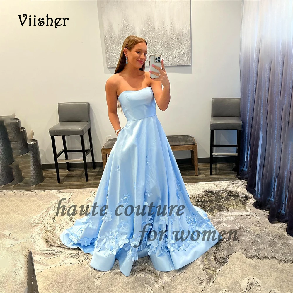 Blue Satin A Line Evening Party Dresses for Women Strapless 3D Flower Prom Dress with Train Pockets Celebrate Event Gowns
Blue Satin A Line Evening Party Dresses for Women Strapless 3D Flower Prom Dress with Train Pockets Celebrate Event Gowns