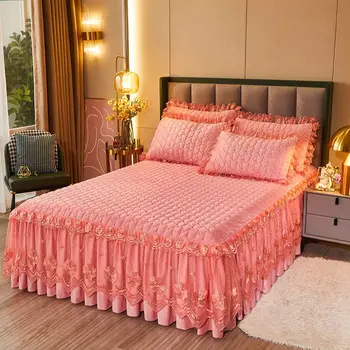 코튼 패딩 벨벳 레이스 침대 스커트, 겨울용 두꺼운 침대 커버, 싱글 피스 미끄럼 방지 및 정전기 방지 침대 시트, 3 피스 세트