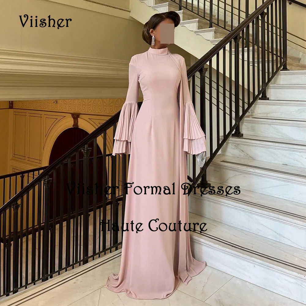 

Пыльное розовое атласное вечернее платье-Русалка с длинным рукавом и высоким воротом арабское платье для выпускного вечера в Пол Вечерние платья