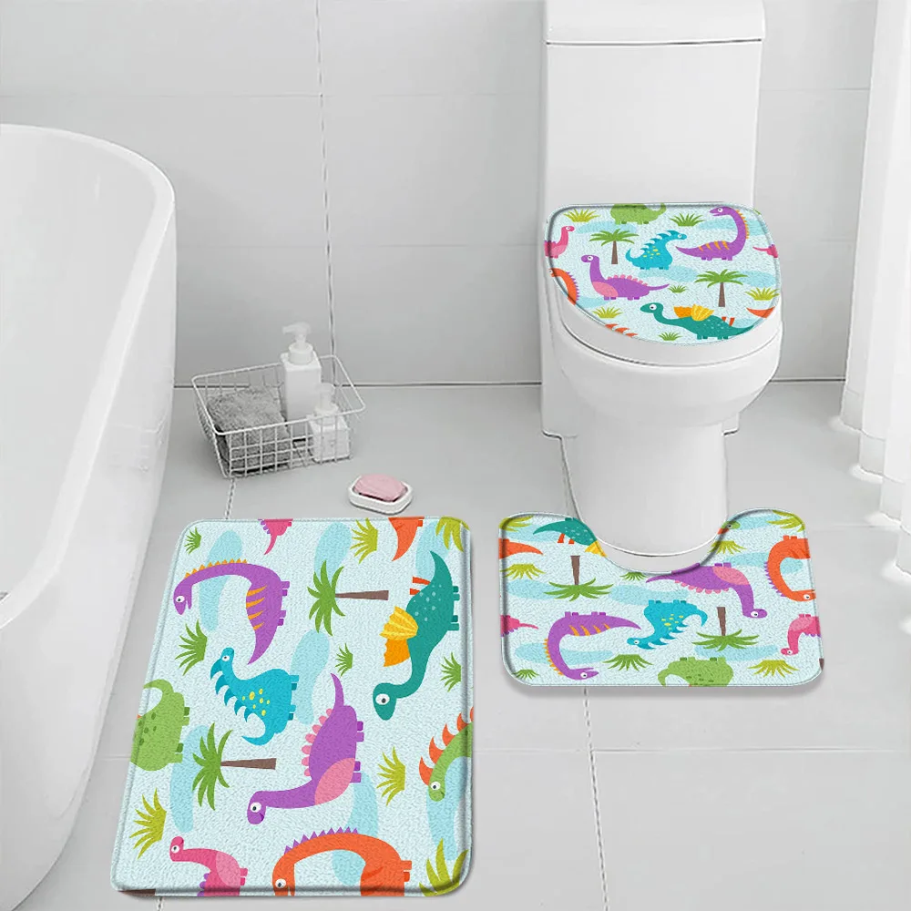 

Cartoon Dinosaur Bath Mat Set Cute Animals Art Bathroom Decorations Kids Children Bath Rug Flannel Toilet Lid Cover