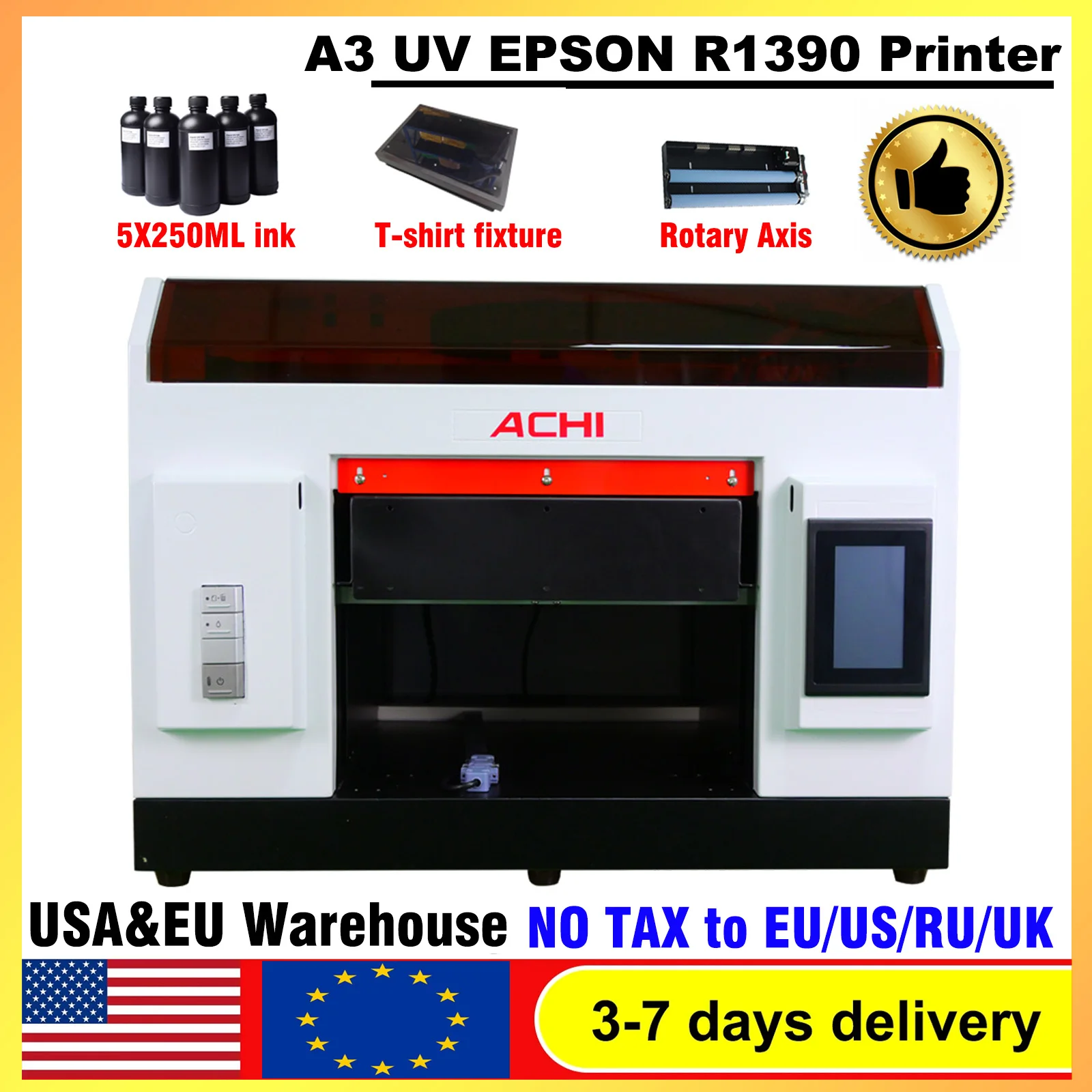 

EU stock A3 UV Flatbed Printer R1390 UV Printer for Cylinder for T-shirt Bottle Glass Metal Wood Print US Stock 5X250ML UV Ink
