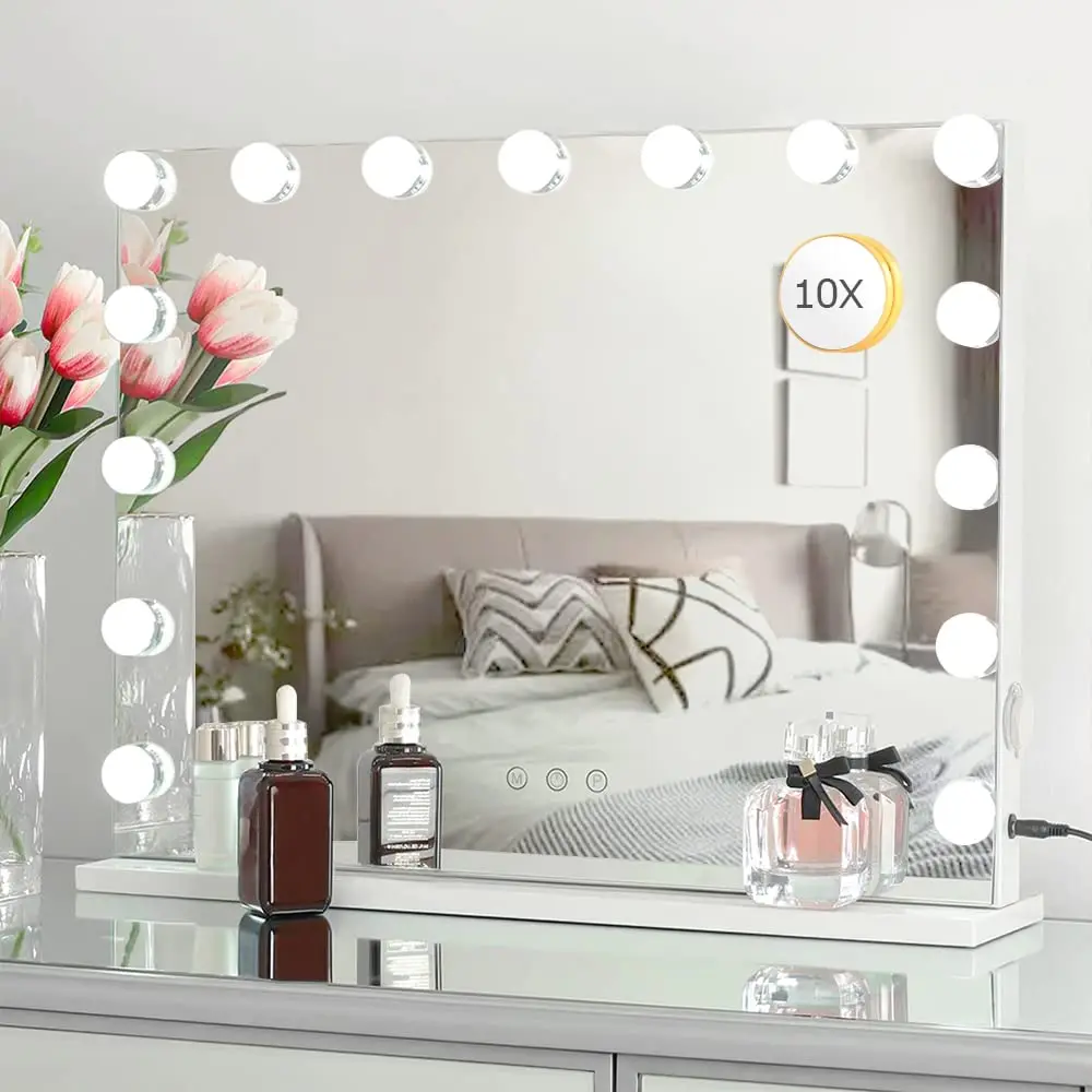 

Зеркало для макияжа с подсветкой, 10-кратное увеличение, большое зеркало для туалетного столика с 15 диммируемыми фотолампами, 3 цветных режима, Touch C