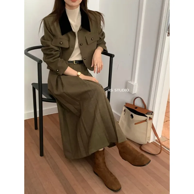 

UNXX 2024 Autumn/winter Retro Casual Short Woolen Blazer Half Skirt Set British Style Lapel Woolen Coat Half Skirt Two-piece Set